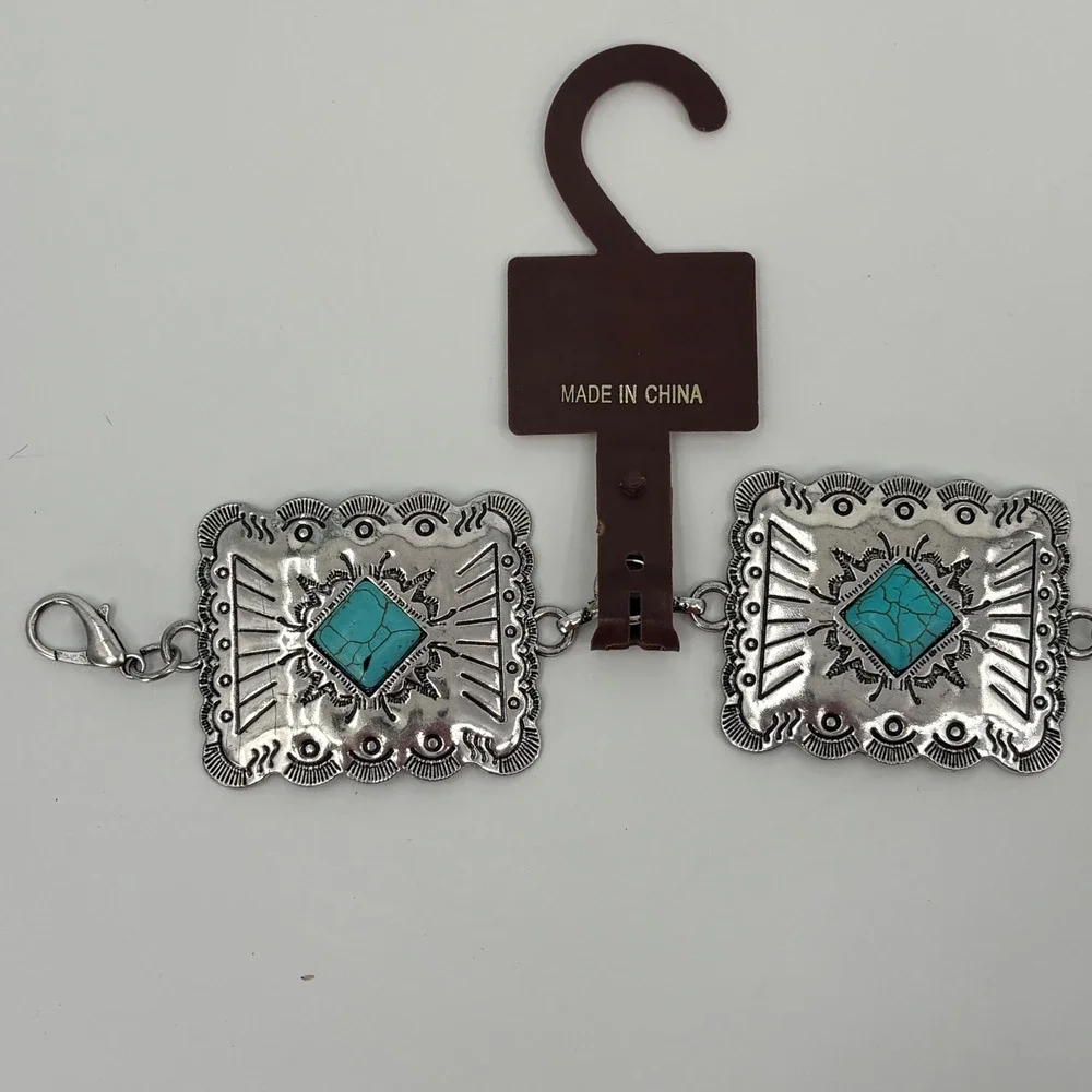 Austin West Concho Chain Belt Women M/L Silver Turquoise Western Boho Adjustable